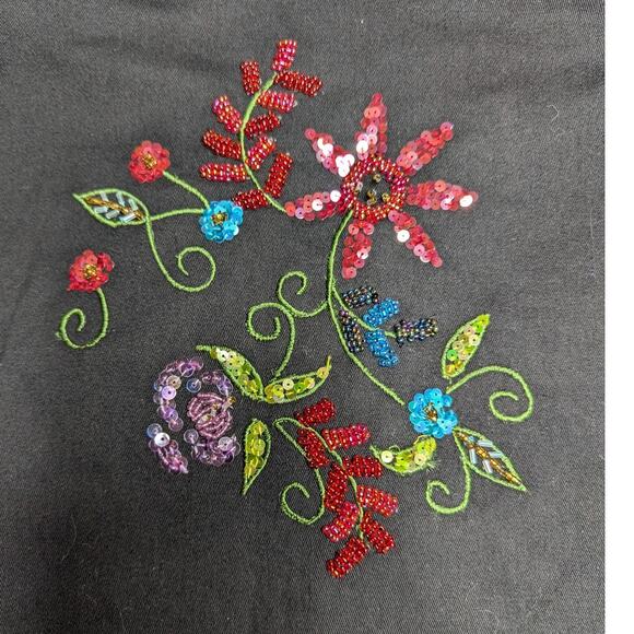 Vtg Y2K Faith Black Cotton Floral Embroidered Embellished Button Up Jacket M - Picture 4 of 5